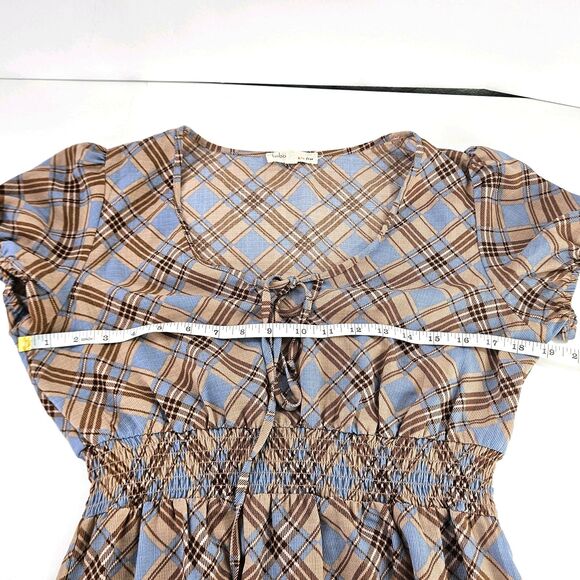 Bebop Plaid Prairie Ruffle Baby Doll Mini Dress Pullover Brown Blue Plaid Med Jr - Picture 10 of 10